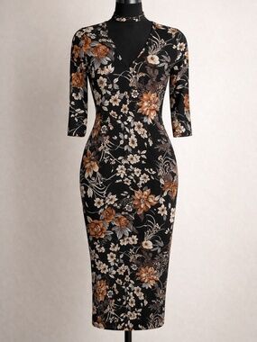 Forever 21 Floral Bodycon Midi Dress, Choker Neck, 3/4 Sleeve